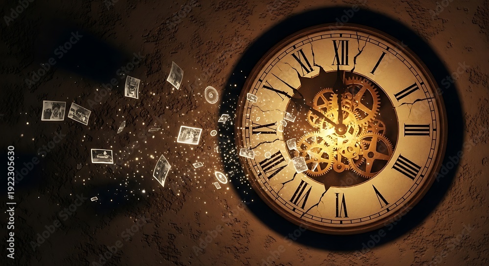Obraz premium Time's relentless march breaks the clock, scattering memories like dust, a powerful metaphor for passing moments and the ephemeral nature of existence