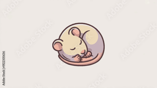Sleeping cartoon mouse curled up in a ball on a plain background feeling peaceful and relaxed