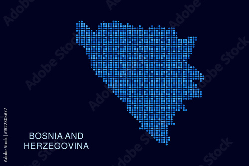 Bosnia and Herzegovina Map - Blue Dotted Halftone Vector Illustration on Dark Navy Background, Abstract Circle Grid Silhouette Design for Infographic and Modern Presentation Use.