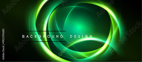 Abstract green neon lights form circular layers. Dark background emphasizes glowing shapes, creating dynamic visual effect.
