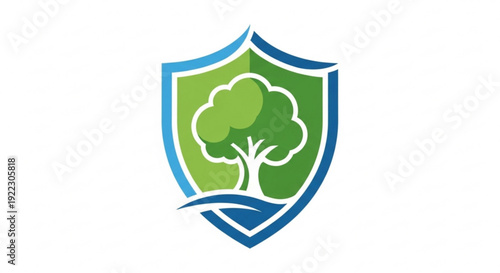 Eco friendly shield logo with green tree and blue border on white background symbolizing environmental protection and sustainability
