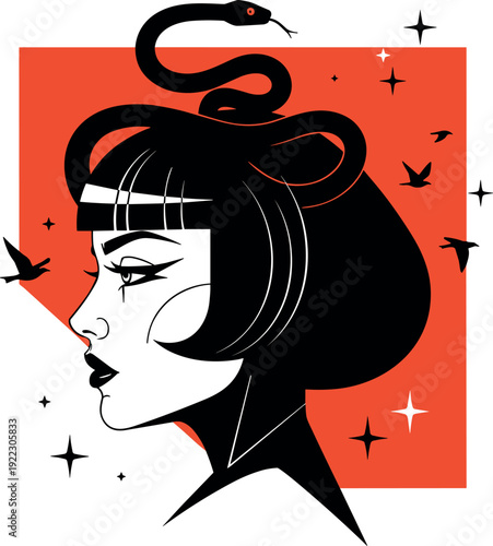 Woman profile illustration, surreal portrait art, snake motif design, bold graphic vector, mystical symbolism, red black contrast, creative fashion drawing