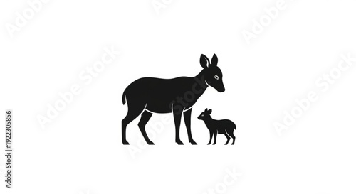 Mother deer and fawn walking together in black silhouette on white background peaceful wildlife scene