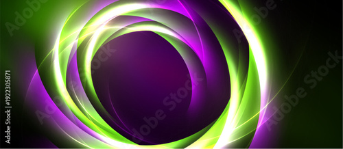 Abstract swirls, vibrant colors create dynamic circular pattern. Green, purple, white hues blend seamlessly. Modern design.