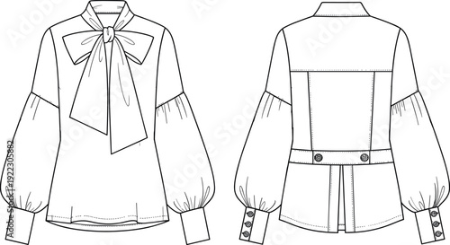 Women's blouse fashion illustration, puff sleeve design, bow tie neckline, back yoke detail, button cuffs, pleated hem, stylish garment sketch