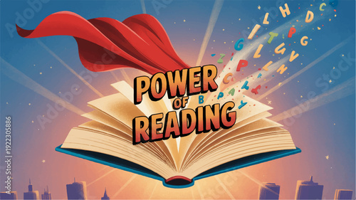 Vibrant illustration of an open book with a red cape and colorful letters flying out symbolizing the power of reading in a cityscape at sunset