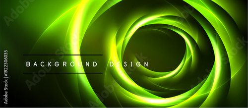 Abstract green swirls create dynamic, glowing effect. Dark background emphasizes bright circular design. Modern, energetic composition.