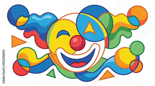 Happy Clown Face Smiling with Abstract Colorful Wig and Red Nose, embodying Joy, Circus, and Carnival Fun. Modern Abstract Vector, Vibrant Overlapping Shapes Flat Illustration.