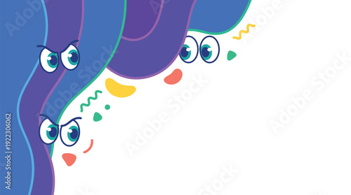 Playful Cartoon Eyes & Abstract Shapes Peeking with Curious and Mischievous Expressions, a Fun Background Design Element featuring Vibrant Flat Vector Art on a Horizontal Banner with White Copy Space.
