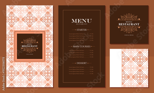 Elegant restaurant menu template with decorative pattern and food branding layout