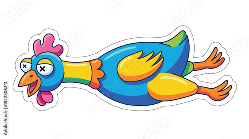 Cartoon Chicken Flying X Eyes, Funny Farm Animal Kids, Vibrant Flat Vector, Sticker Outline