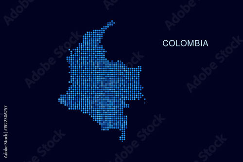 Colombia Map - Blue Dotted Halftone Vector Illustration on Dark Navy Background, Abstract Circle Grid Silhouette Design for Infographic and Modern Presentation Use.