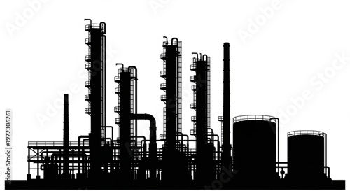 Industrial facility silhouette with complex piping and storage tanks viewed from the side, showcasing infrastructure and equipment, industrial scene