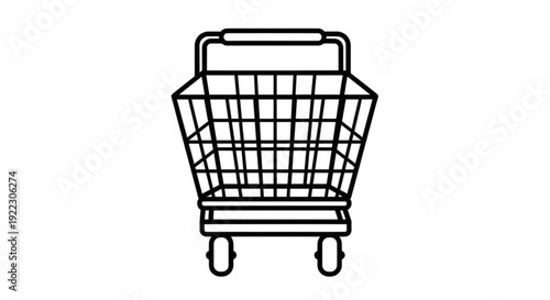 Simple black and white illustration of a shopping cart on wheels from a straightforward front view