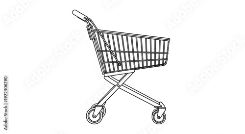A simple line drawing of a shopping cart viewed from the side on a plain background