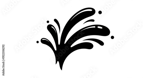 Dynamic illustration of a black paint splash with droplets on a plain surface from a direct viewpoint