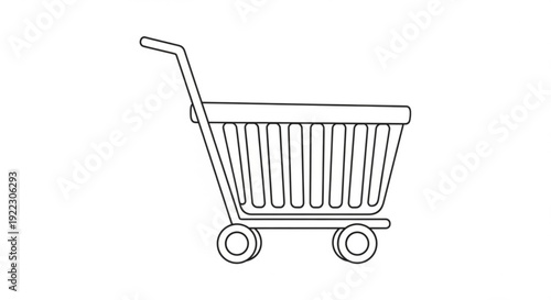 A simple line drawing of a shopping cart on wheels from a straightforward front viewpoint