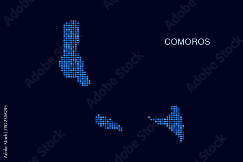 Comoros Map - Blue Dotted Halftone Vector Illustration on Dark Navy Background, Abstract Circle Grid Silhouette Design for Infographic and Modern Presentation Use.