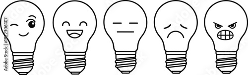 Set of cute vector lightbulb characters with various facial expressions including happy, sad, and angry designed for feedback and emotion rating concepts.