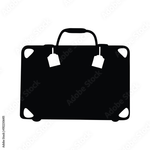 Black silhouette of a suitcase with handle and two luggage tags