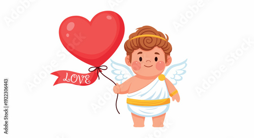 Cartoon cherub holding a heart-shaped balloon with a love banner on a plain white background.