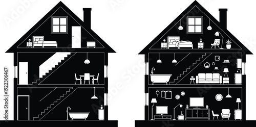 Side-by-side cross section of two houses showing minimalist and detailed interior designs, contrasting furniture, decoration, and lifestyle choices in modern home architecture illustration