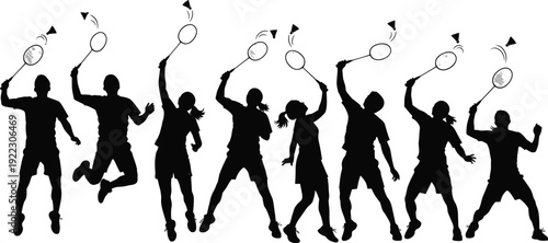 Set of dynamic black silhouettes of badminton players hitting shuttlecocks with rackets in various action poses isolated on white background for sports graphic design