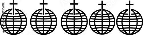 Set of five black globe icons with cross symbols featuring grid lines for global christianity and religious mission concepts on white background