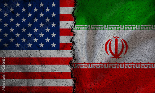 Foto Iranian and American flags on a broken wall