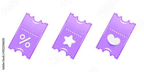 3D coupon purple color with percentage, star and heart icons isolated background.
