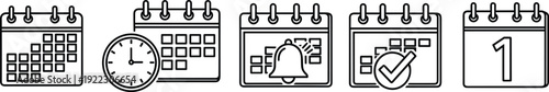 Set of five black line calendar icons with clock, bell, checkmark and date symbols for time management and scheduling web interfaces.