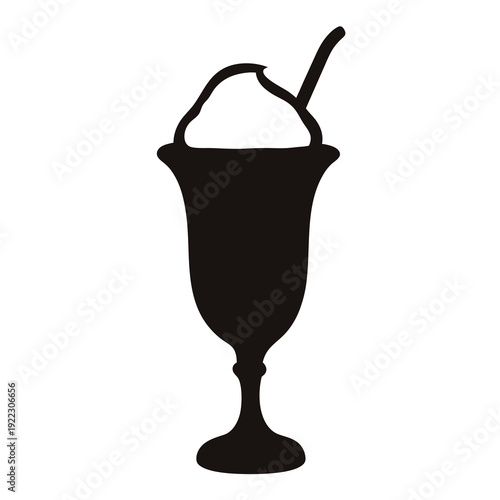 Black Silhouette of Ice Cream Sundae with Spoon Isolated on White Background