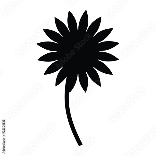 Black Silhouette of a Flower with Petals and Stem on White Background