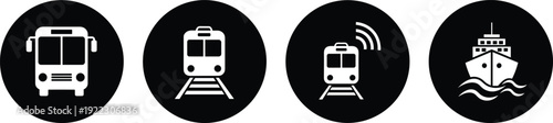 Set of four white public transportation icons on black circles featuring a bus, train on tracks, wireless commuter train, and ship on waves.