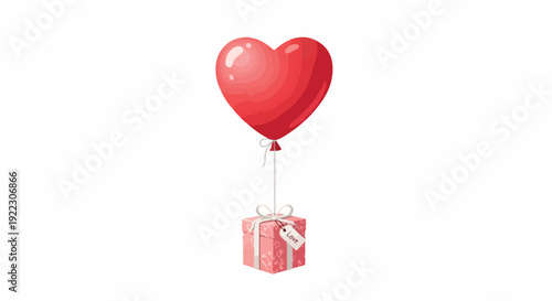 A red heart-shaped balloon lifting a gift box with a white ribbon against a plain white background.