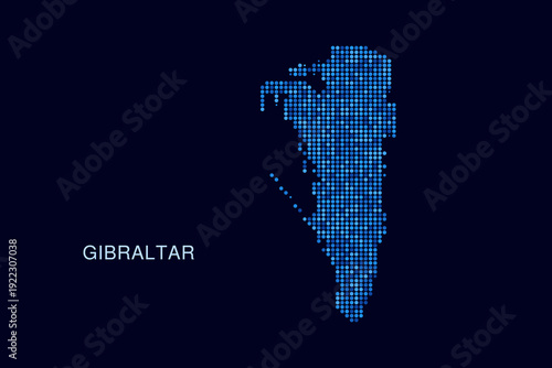 Gibraltar Map - Blue Dotted Halftone Vector Illustration on Dark Navy Background, Abstract Circle Grid Silhouette Design for Infographic and Modern Presentation Use.