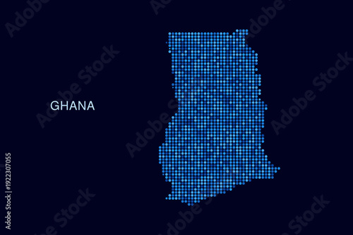 Ghana Map - Blue Dotted Halftone Vector Illustration on Dark Navy Background, Abstract Circle Grid Silhouette Design for Infographic and Modern Presentation Use.