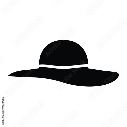 Elegant black floppy hat silhouette against a stark white background, simple design