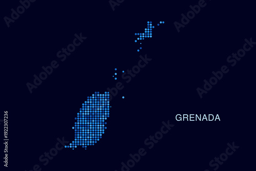 Grenada Map - Blue Dotted Halftone Vector Illustration on Dark Navy Background, Abstract Circle Grid Silhouette Design for Infographic and Modern Presentation Use.