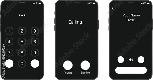 Set of three black smartphone screens displaying mobile call interface with keypad dialer incoming call and active conversation layouts for app design