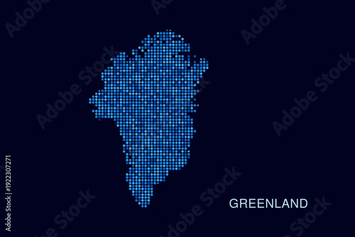 Greenland Map - Blue Dotted Halftone Vector Illustration on Dark Navy Background, Abstract Circle Grid Silhouette Design for Infographic and Modern Presentation Use.
