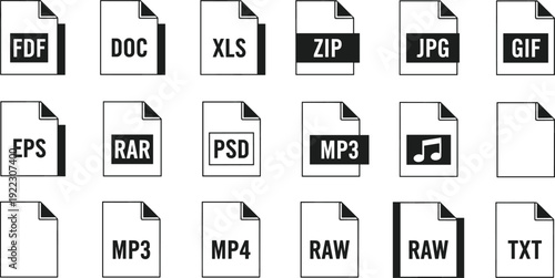Set of varied black and white file format icons representing common document types and software extensions for computer interface design on white background