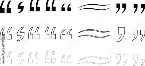 Set of varied black quote marks and wavy lines in solid outline and dotted styles for speech and dialogue design concepts on white background
