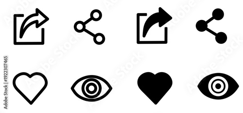 Vector illustration of share like view icon set. Line of share like view icon set. 