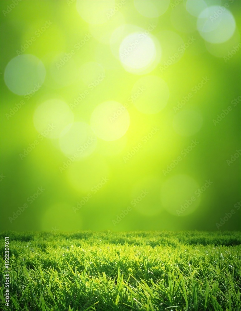 Fototapeta premium Fresh green grass in sharp focus with soft bokeh light background, creating a bright, natural, and serene outdoor atmosphere