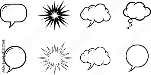 Set of vector linear comic book speech bubbles, thought clouds, and jagged explosion bursts designed for cartoon dialogue, text communication, and graphic design.