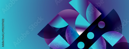 Abstract shapes blend vibrant blues, purples. Circular forms intersect creating dynamic visual effect. Modern design, smooth gradients dominate composition.