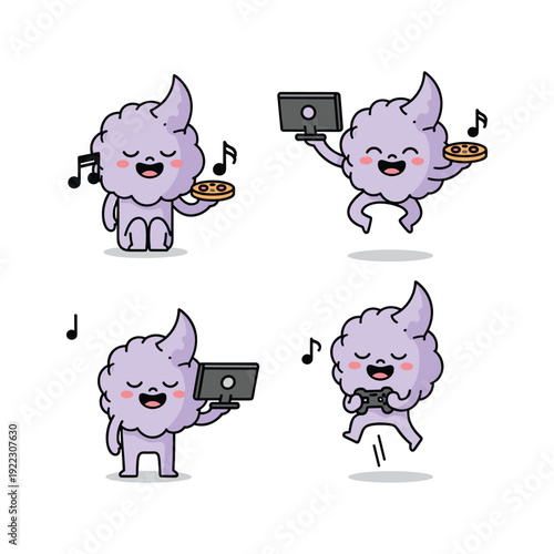 Cartoon monster enjoying music with gadgets in a fun and playful style