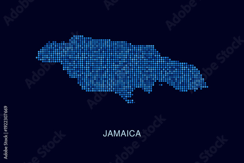 Jamaica Map - Blue Dotted Halftone Vector Illustration on Dark Navy Background, Abstract Circle Grid Silhouette Design for Infographic and Modern Presentation Use.