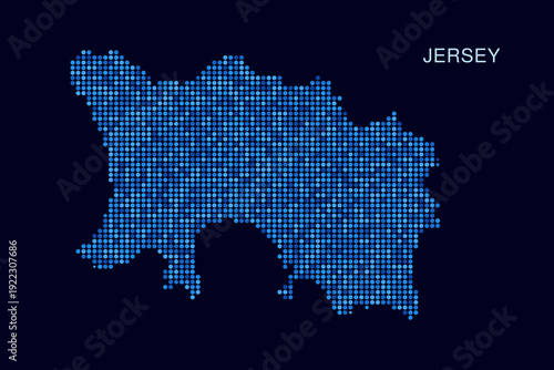 Jersey Map - Blue Dotted Halftone Vector Illustration on Dark Navy Background, Abstract Circle Grid Silhouette Design for Infographic and Modern Presentation Use.